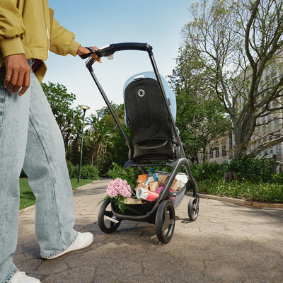 Back view of Bugaboo Dragonfly Stroller with groceries in it in -- Color_Skyline Blue