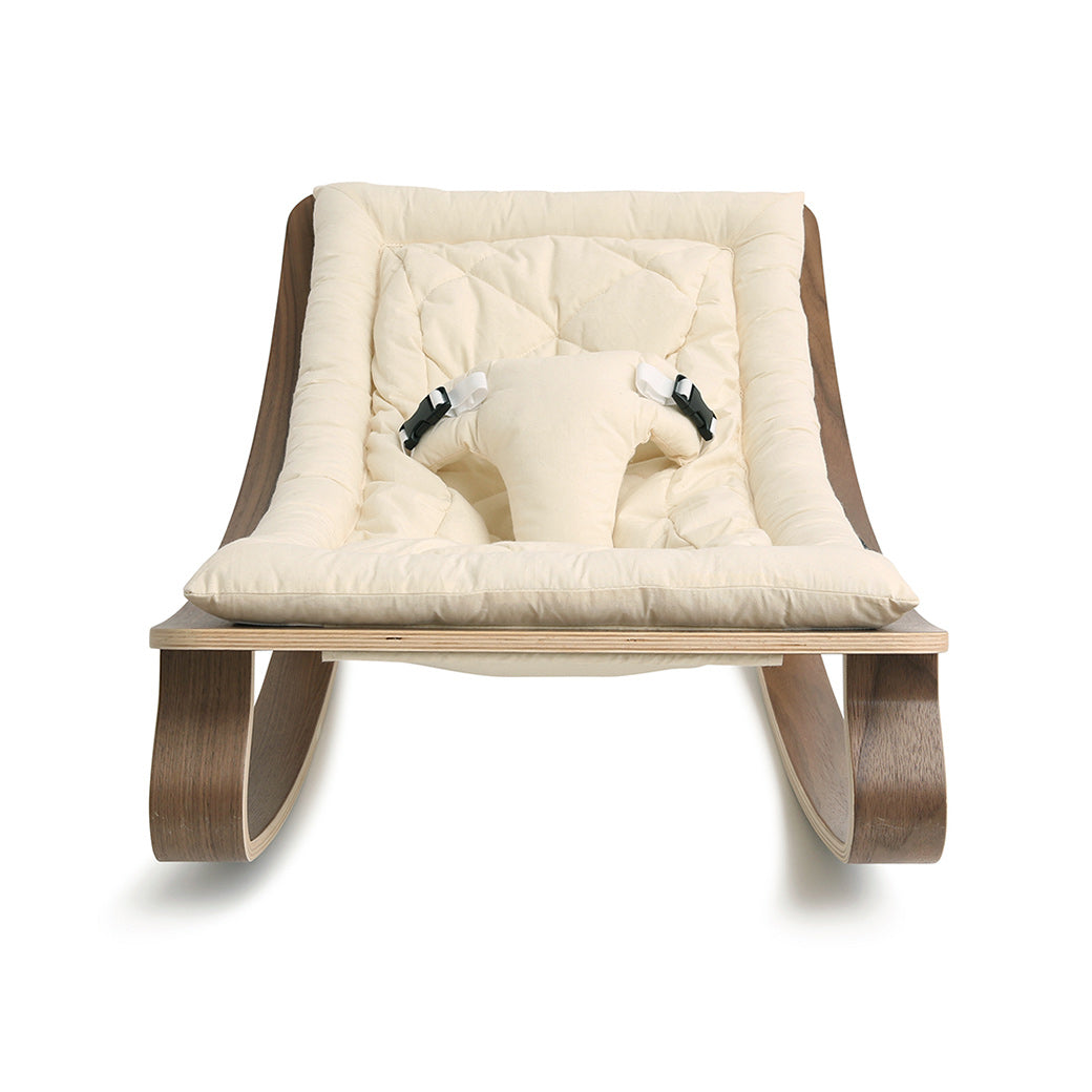 Front view of Charlie Crane LEVO Baby Rocker in -- Color_Organic White _ Walnut