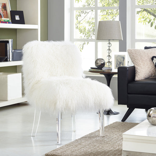 sophie white sheepskin lucite chair