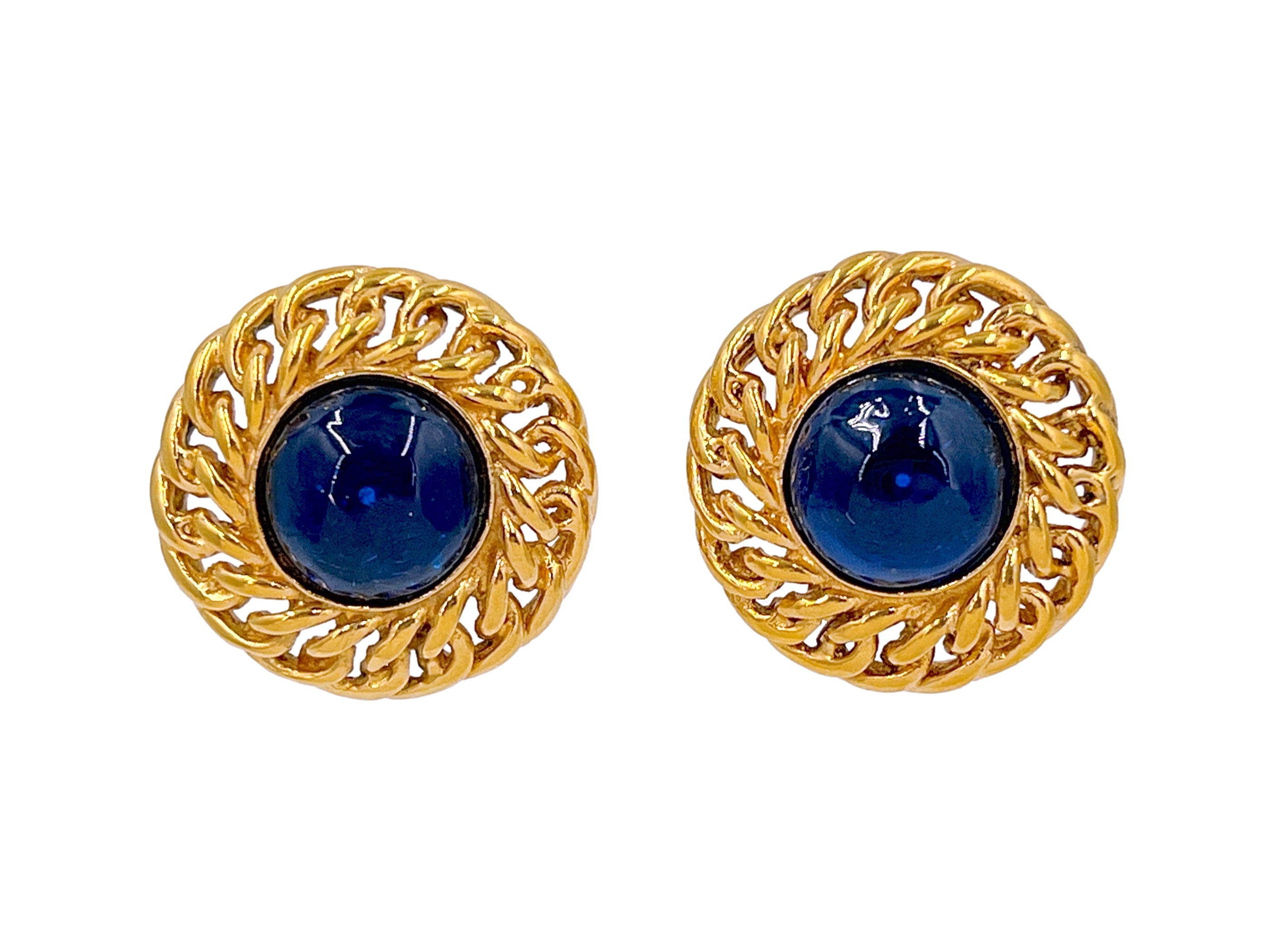 Chanel Vintage Blue Gripoix Glass Chain Framed Large Stud Earrings