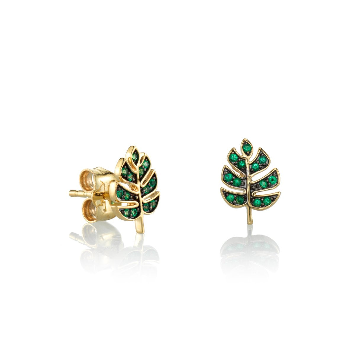 Gold & Pavé Emerald Tiny Monstera Leaf Studs