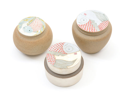 Contemporary Ukiyo-e Carp inspired jars with silver from Jingdezhen China