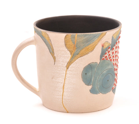 Contemporary Ukiyo-e Carp inspired mug with silver repaired with Kintsugi (Golden Joinery) from Jingdezhen China