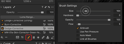Dodge and burn brush settings