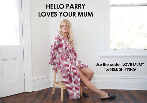 Hello Parry mothers day promotional image and shopping code The Hilda collection dress