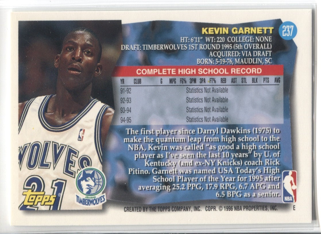 1995-96 Kevin Garnett Topps ROOKIE RC #237 Minnesota Timberwolves