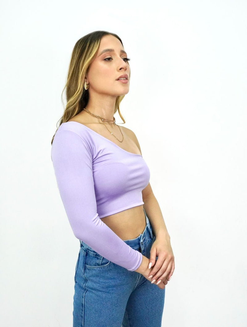 tipo Cabina Rango Crop Top para Mujer Lila Escote Asimétrico Manga Larga - Mykonos – Zoé