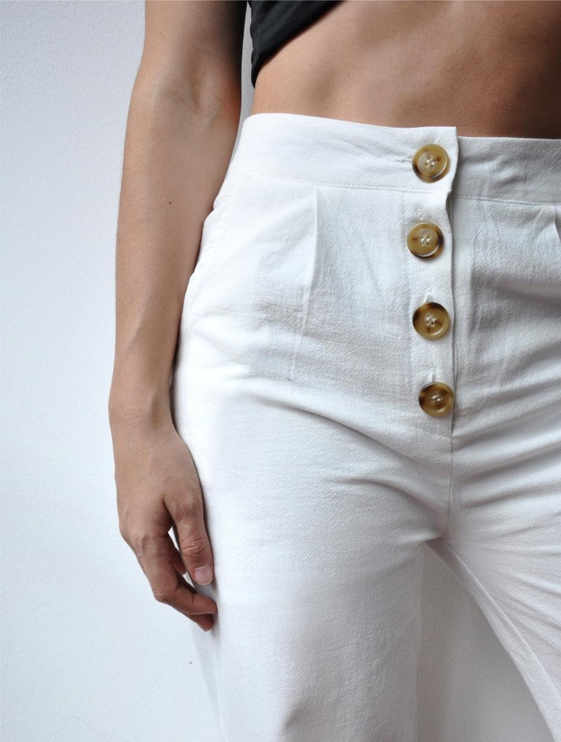 Pantalón para Mujer Blanco Tiro Alto Con Botones - Blanco – Zoé