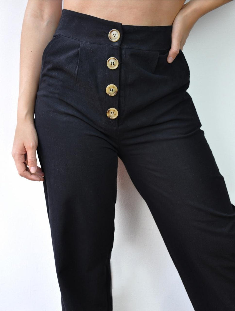 Pantalón Mujer Negro Tiro Alto Con Botones - Berenice Negro Zoé