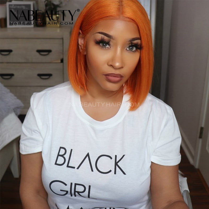 Ginger Orange Bob T Lace Front Human Hair Wig Pre Plucked Vrigin Hair