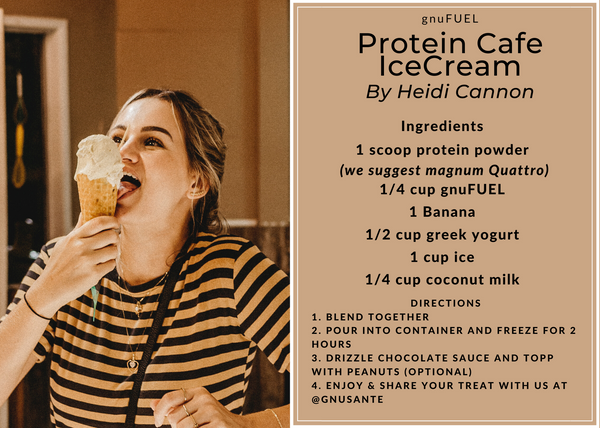 who doesnt love ice cream definitely not this girl enjoying an ice cream cone. Enjoy this simple and delicious recipe for protein ice cream with gnuFUEL and magnum quattro 