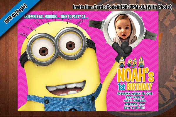 MINIONS Despicable Me Printable Birthday Photo Invitation for Despicable Me Birthday 5x7 (Purple)