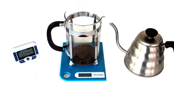 Coffee Plunger On Scale With Kettle & Timer