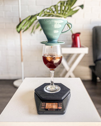Hario V60 Pour over iced coffee into wine glass