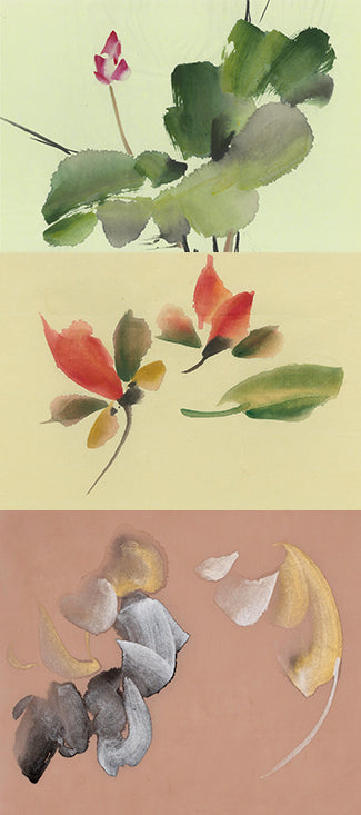 Pictures of paintings on pistachio shuen, barley shuen, and salmon shuen papers