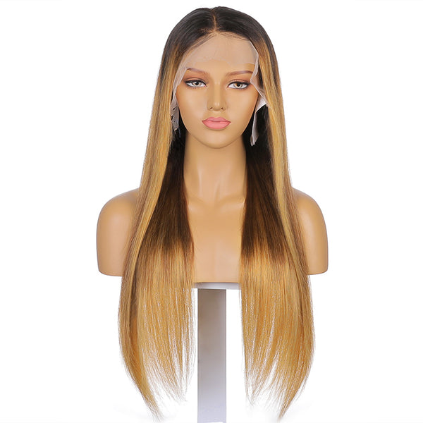 Hannah | 24’’Black Blonde Highlight Pre Plucked Ombre Color Fake Scalp Lace Human Hair Wig 180% Density
