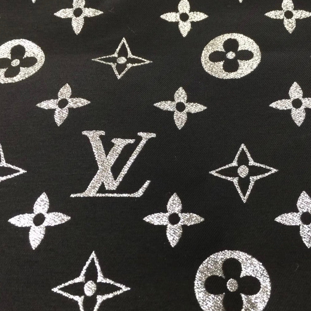 LV Monogram Silver on Black Jacquard Fabric FabricViva
