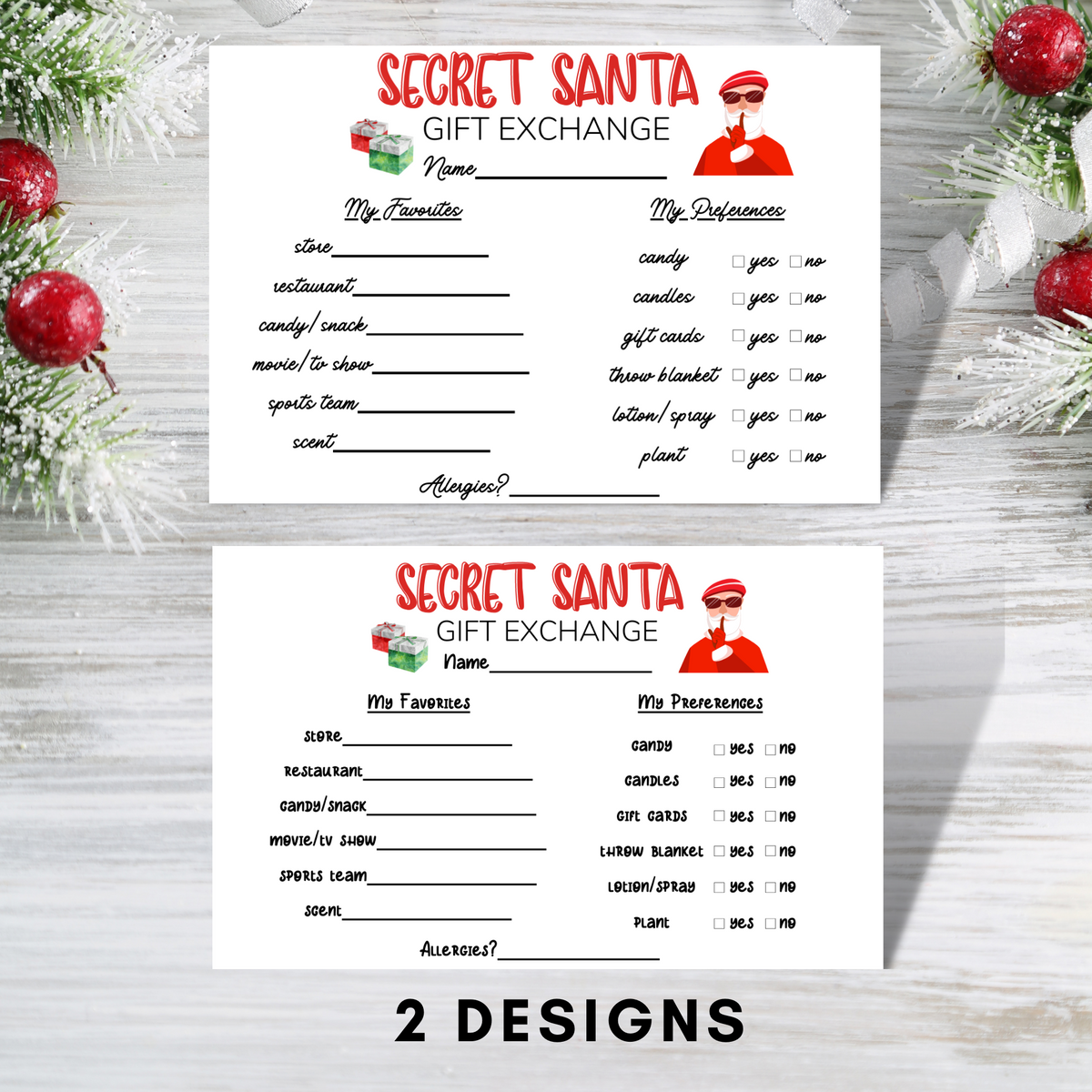 Printable Secret Santa Questionnaire for Gift Exchange Forest Rose