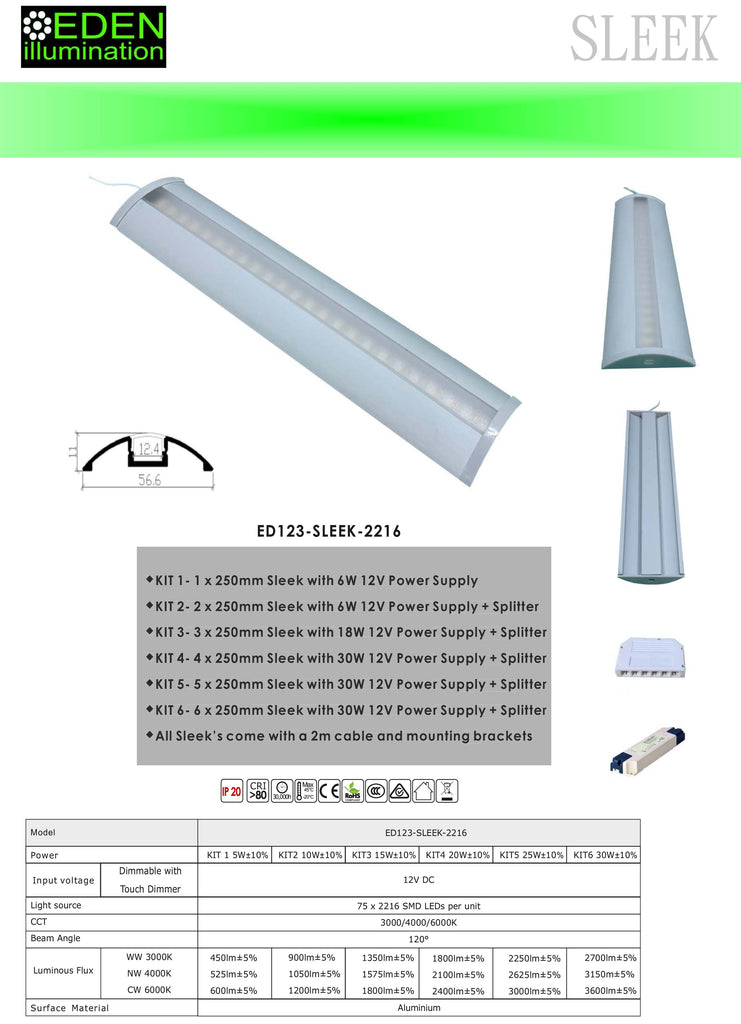 Datasheet - Sleek Profile Light Kits 1-6 from Eden illumination