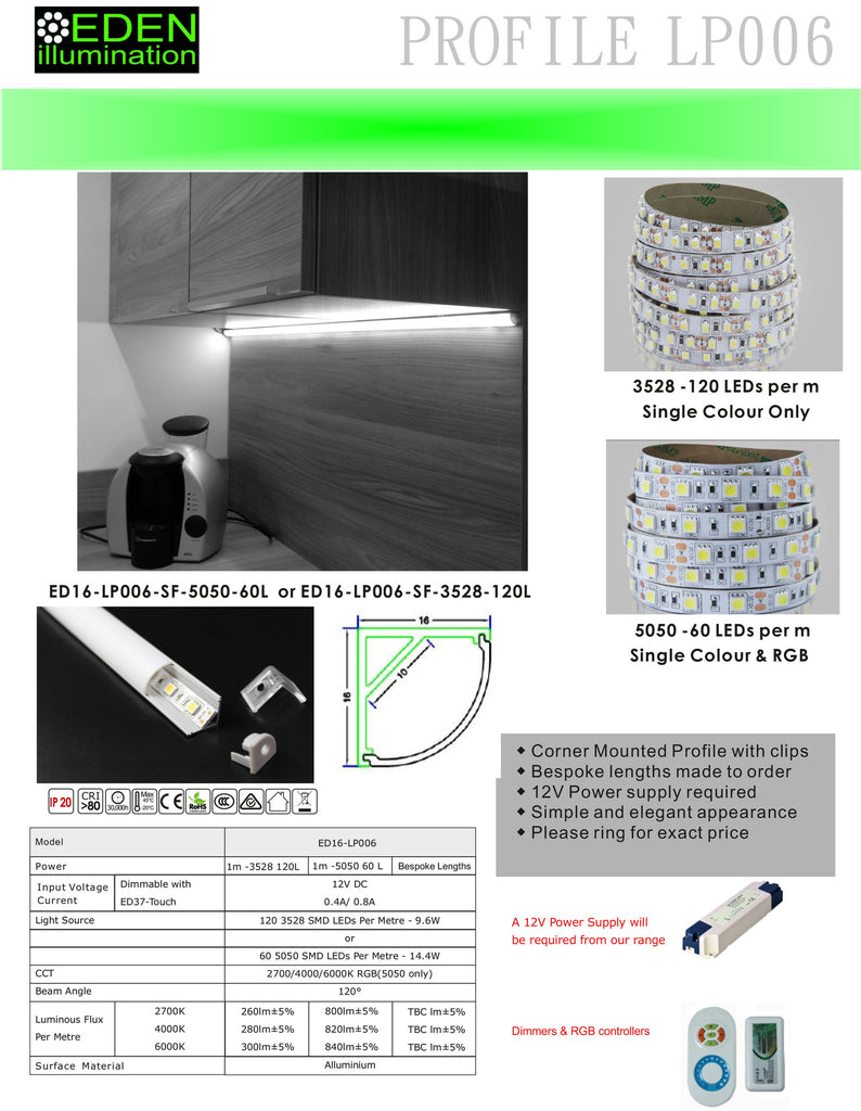 Datasheet for LP006 Corner LED Profile for LED Strip Eden illumination