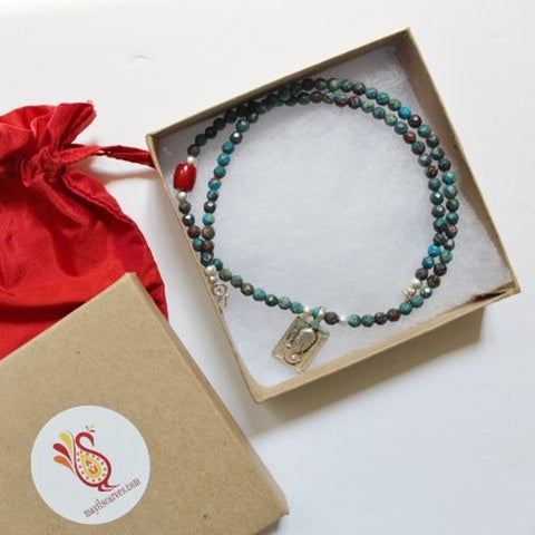 drishti necklace blue green ocean jasper with coral bead