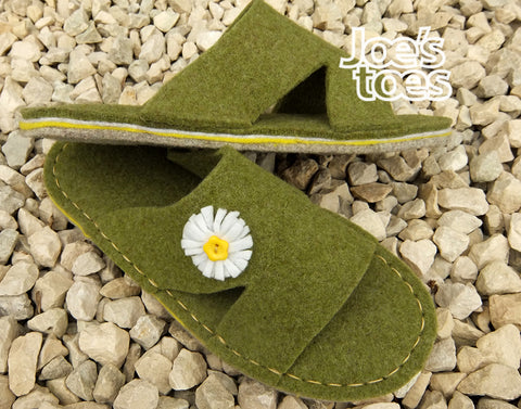 I cut a standard slipper top to make this sandal style and added a felt daisy for a fresh spring look
