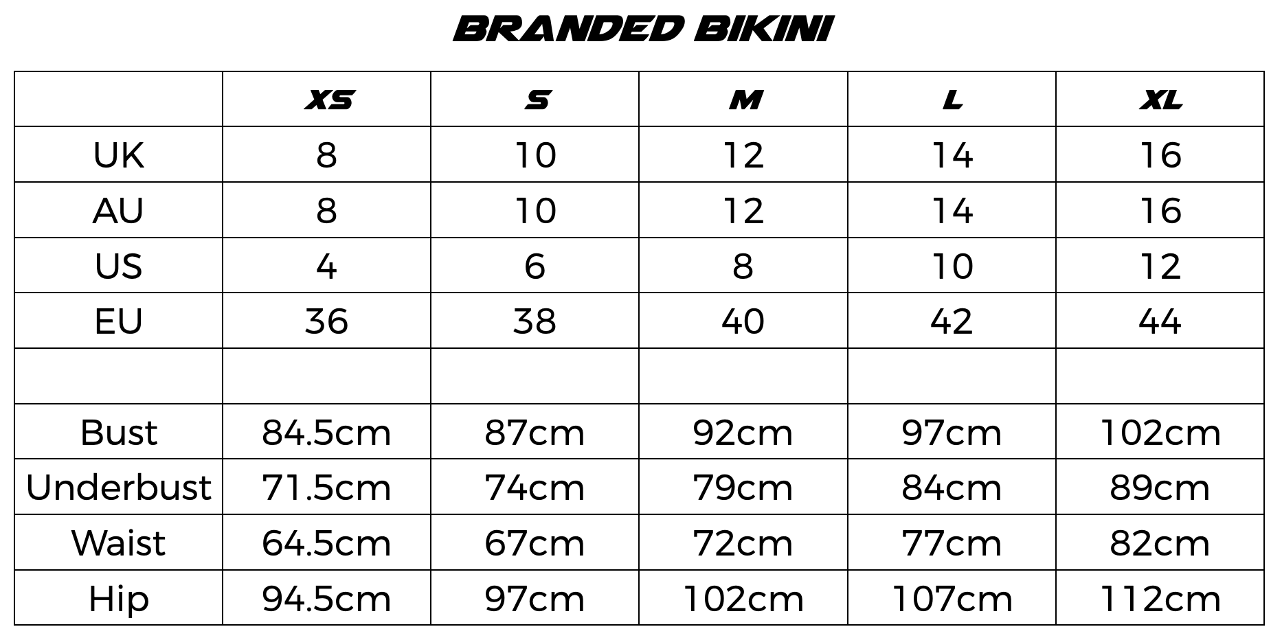 Brande Bikini Size Chart
