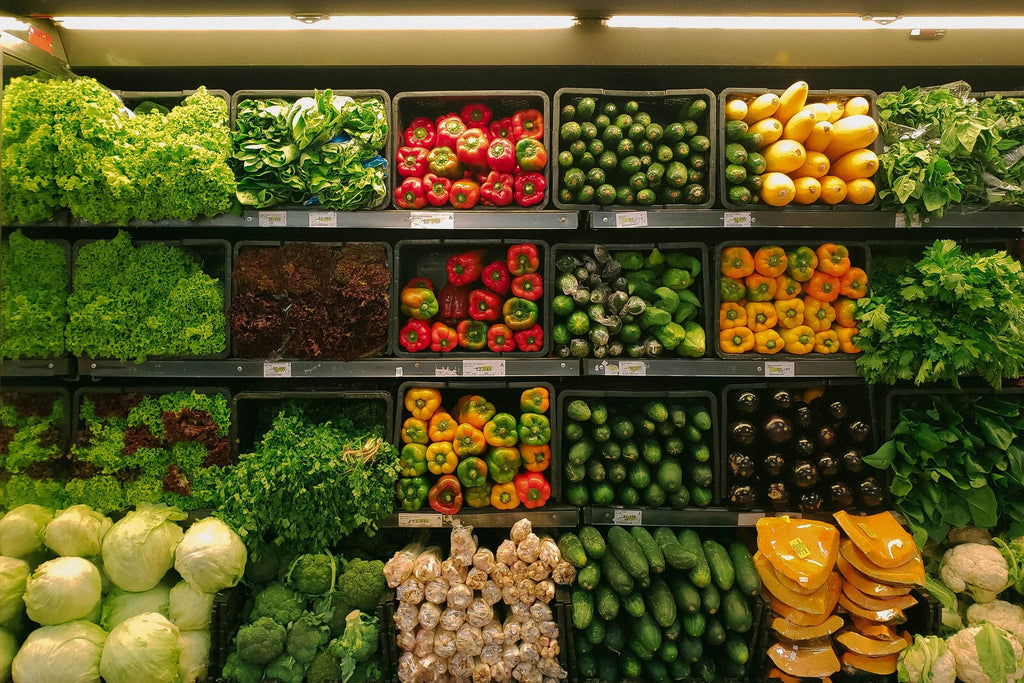 Shop healthy buy fruits and vegetables in supermarket 