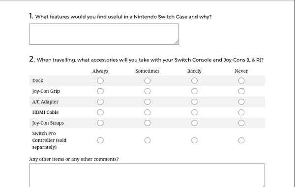WaterField Nintendo Switch Survey