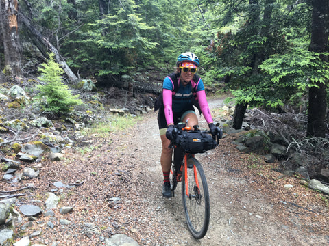 FOHER Co Ambassador Philadelphia Holmes off road cycling bike packing in custom FOHER cycle kit