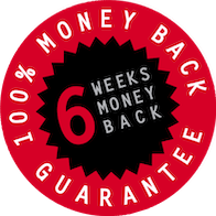 A logo for 100% money back guarantee within 6 weeks.