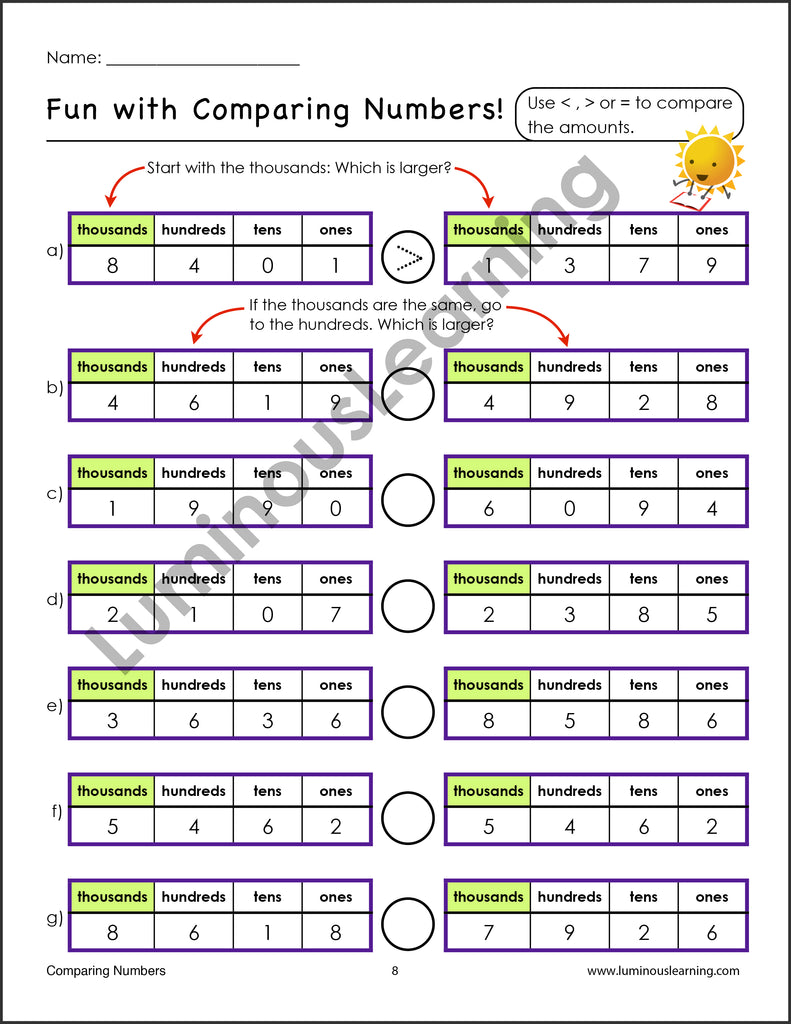 Grade 3 Comparing Numbers: Printable Workbook