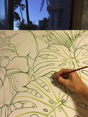 outlining tropical leaves painting by Colleen Wilcox