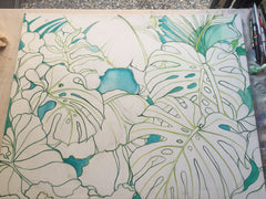 adding color of tropical leaves painting by Colleen Wilcox