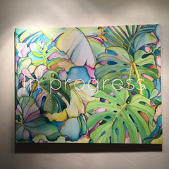 in progress shot of tropical leaves painting