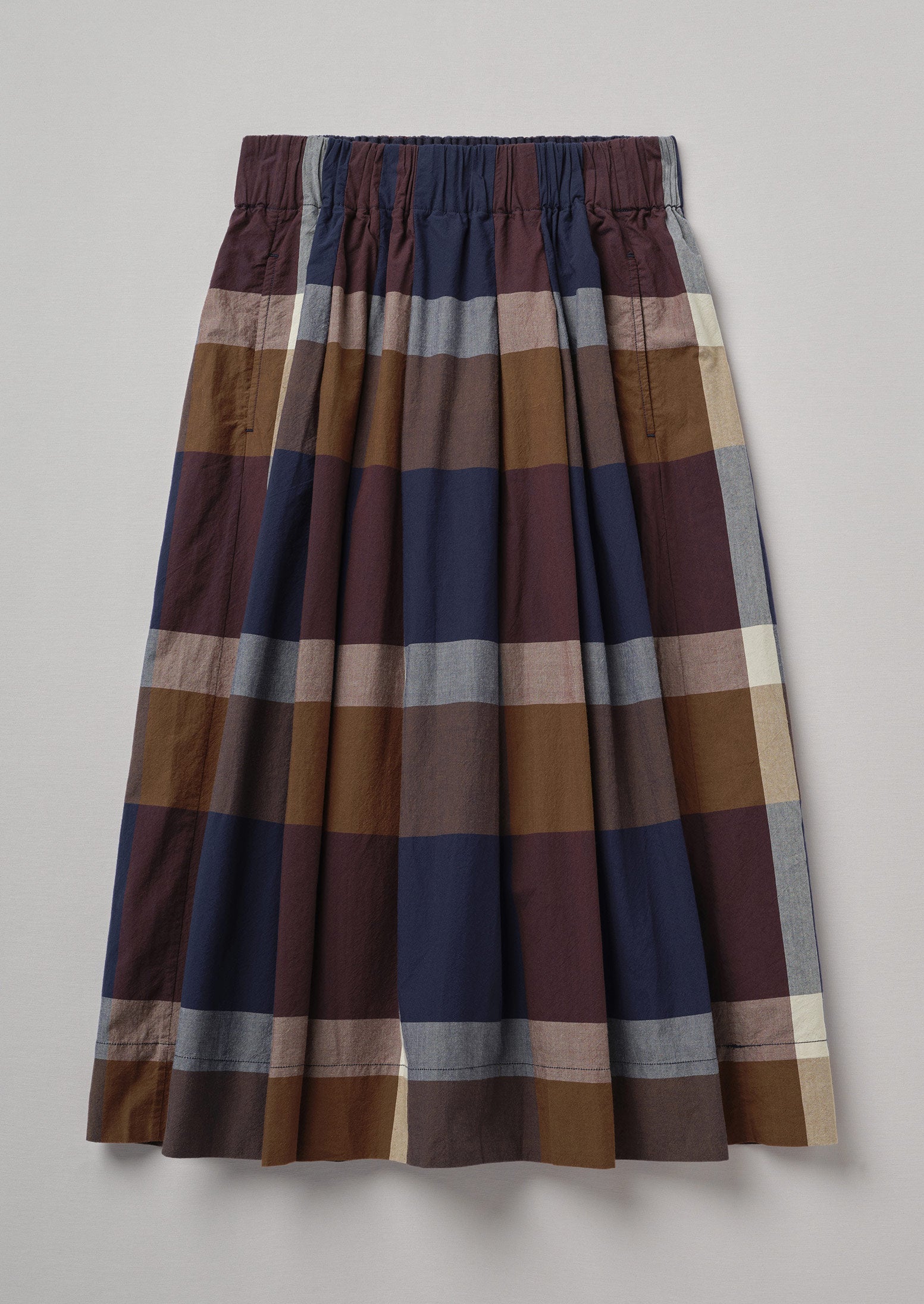 Gathered Check Skirt | Denim Blue/Tawny Brown | TOAST