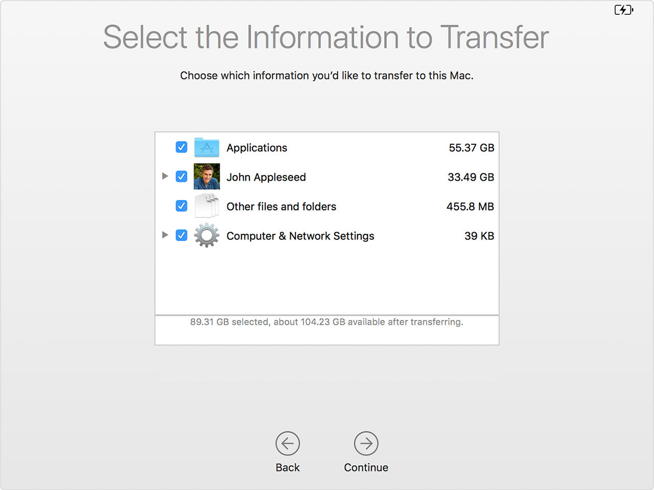 Select the items to migrate in Apple Migration Assistant