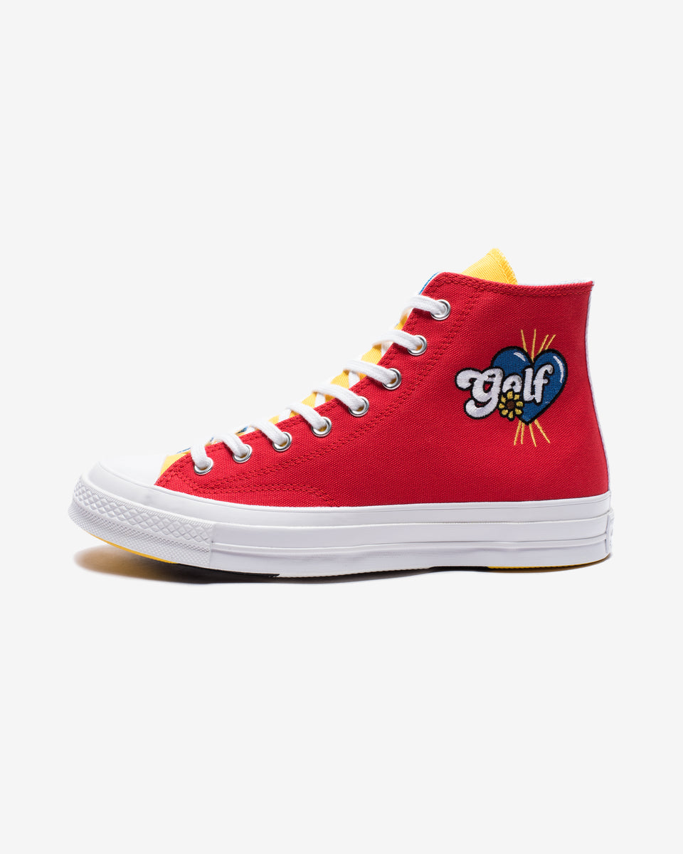 blue red and yellow converse
