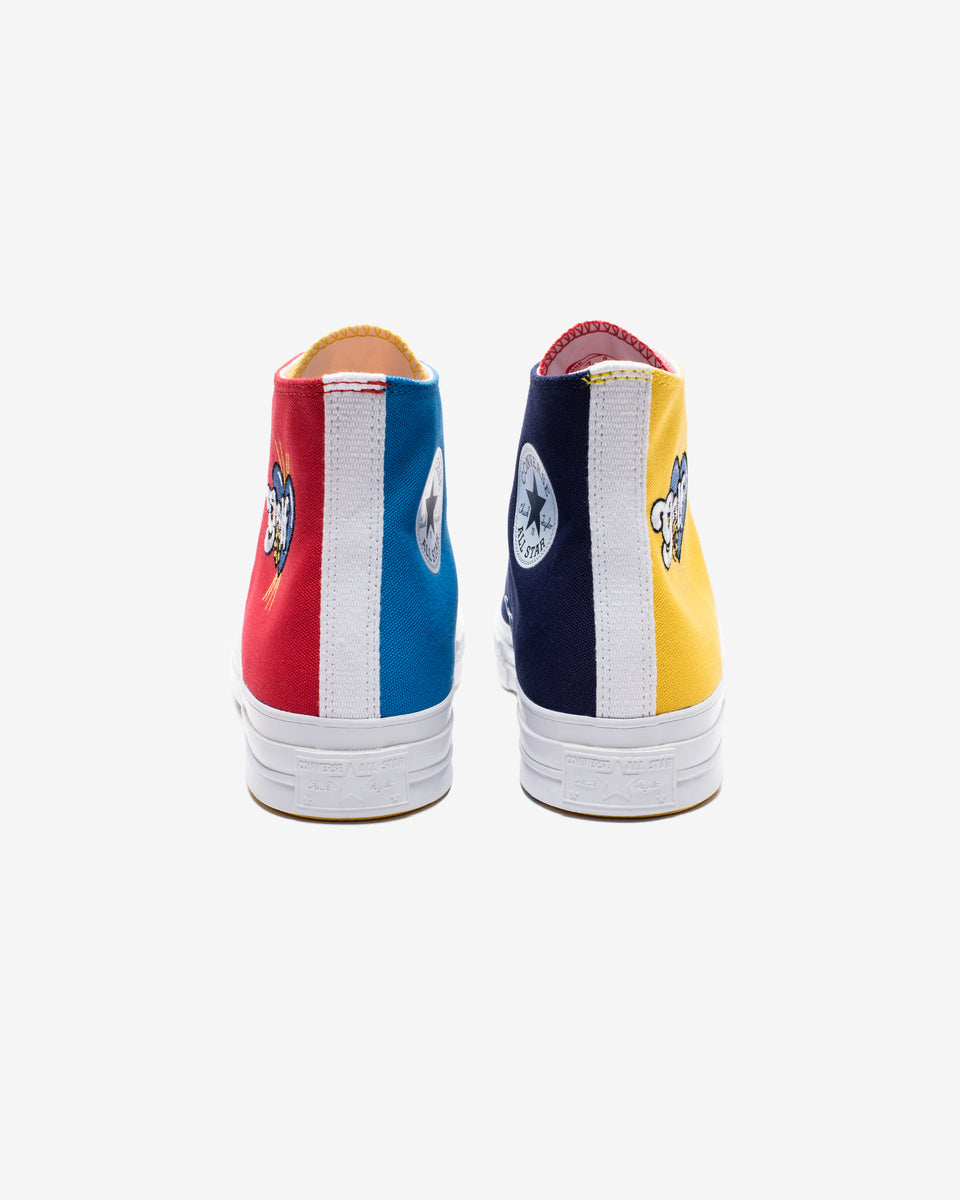 blue red and yellow converse