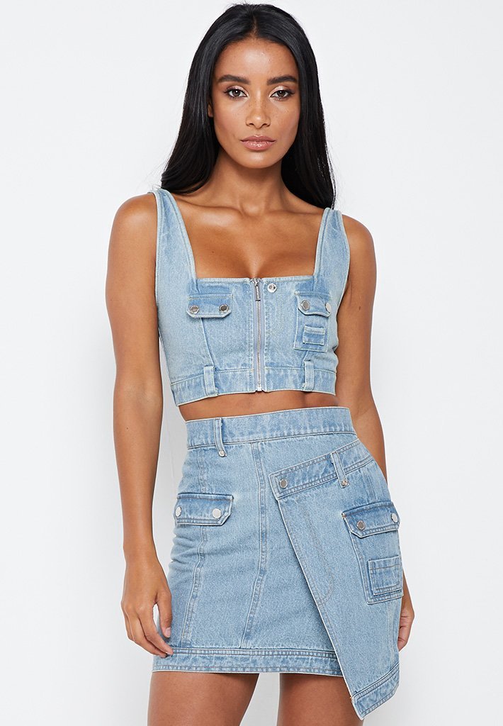Cargo Denim Crop Top - Stonewash