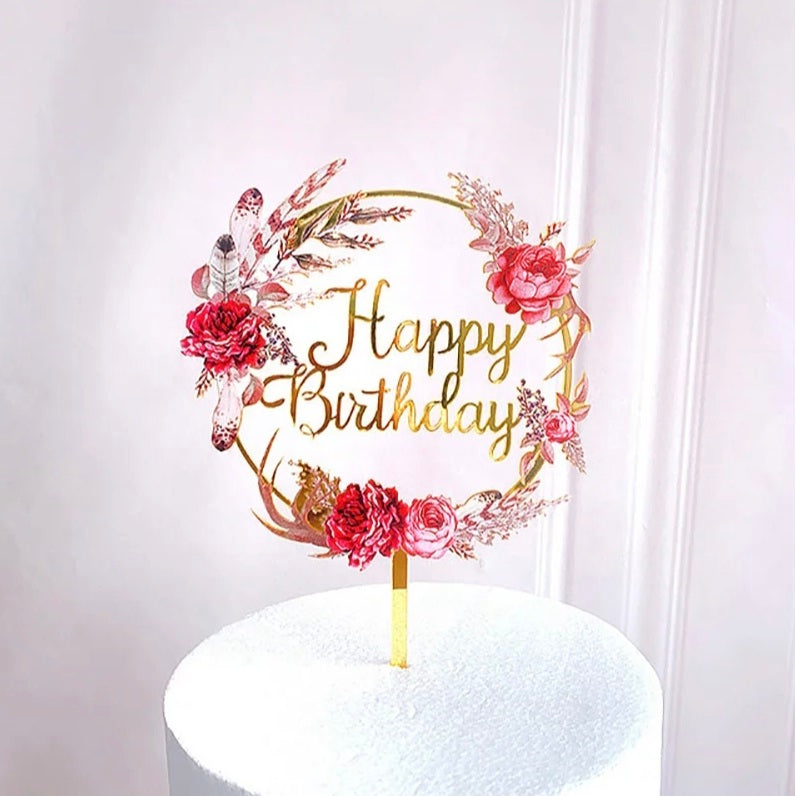 Cake topper happy birthday rond met bloemen roze RO-02 –