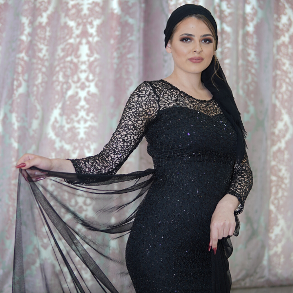 Black evening dress with train 