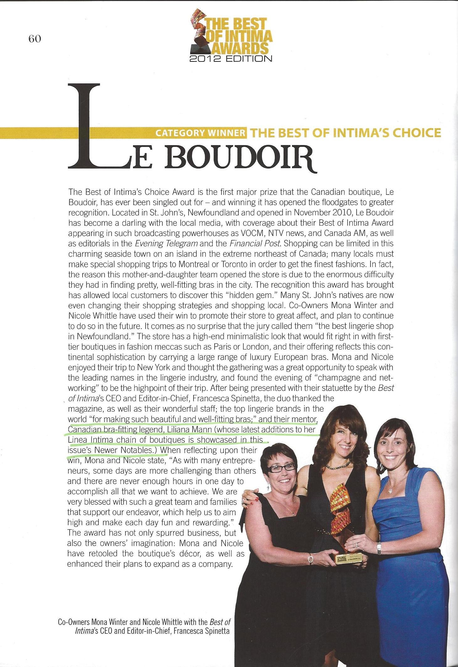 The Best of Intima Awards 2012 -  Nova Scotia’s winning owners of Le Boudoir, credit their success to their mentor, ‘bra-fitting legend’ Liliana Mann