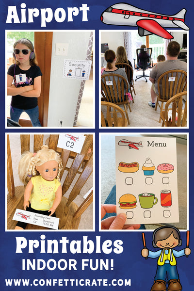 Airport dramatic play printables for kids. These printables will keep your kids buys for hours of indoor fun while you work from home. www.confetticrate.com