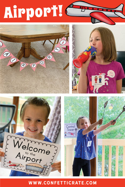 Your kids will have so much fun setting up their own airport inside your home! This screen free activity will make your kids so creative!! My kids blew me away with their creativity in setting this up. www.confetticrate.com