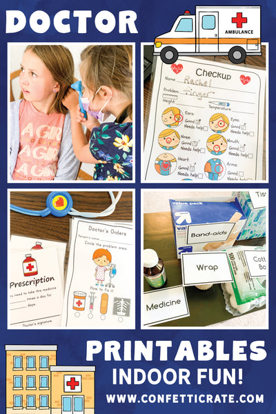 Doctor's office dramatic play printables will keep your kids busy for hours while you work from home. It is the perfect indoor activity. www.confetticrate.com
