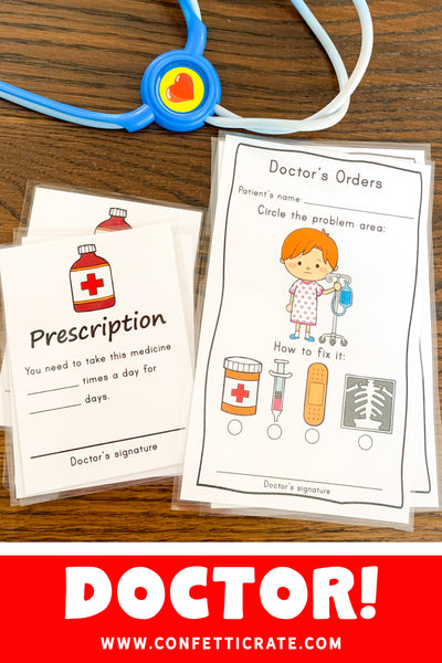 Doctor dramatic play printables will make a fun activity for your kids to do while you work from home. It is the perfect screen free activity. www.confetticrate.com