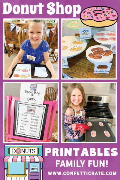 Donut shop dramatic play printables are fun for the whole family! www.confetticrate.com
