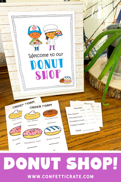 Donut shop dramatic play printables for kids! This is the perfect indoor activity. Also, you can use this for family fun since there will be donuts there! www.confetticrate.com