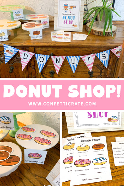 Donut shop dramatic play printables for kids! This is the perfect indoor activity. Also, you can use this for family fun since there will be donuts there! www.confetticrate.com